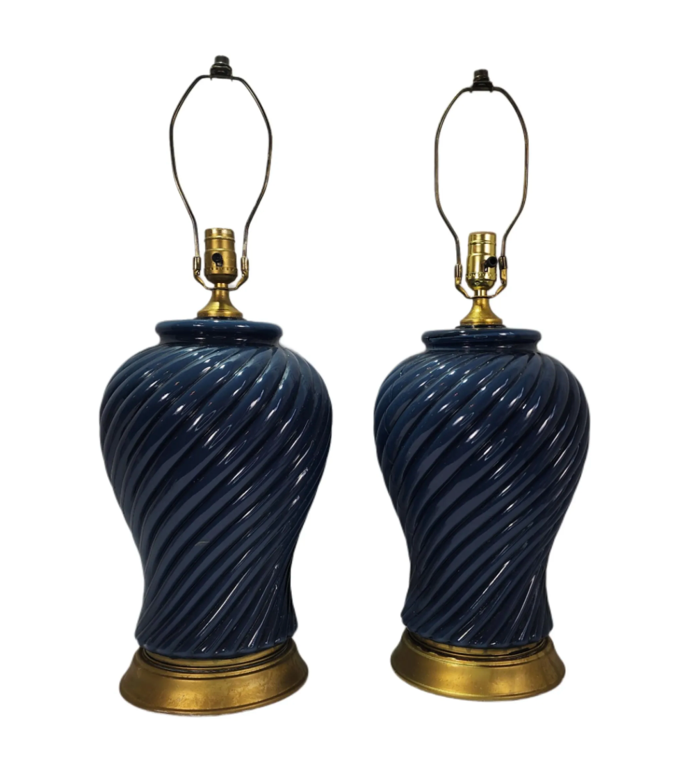 Vintage Navy Blue Pressed Glass With Swirl Detail Lamp, A Pair