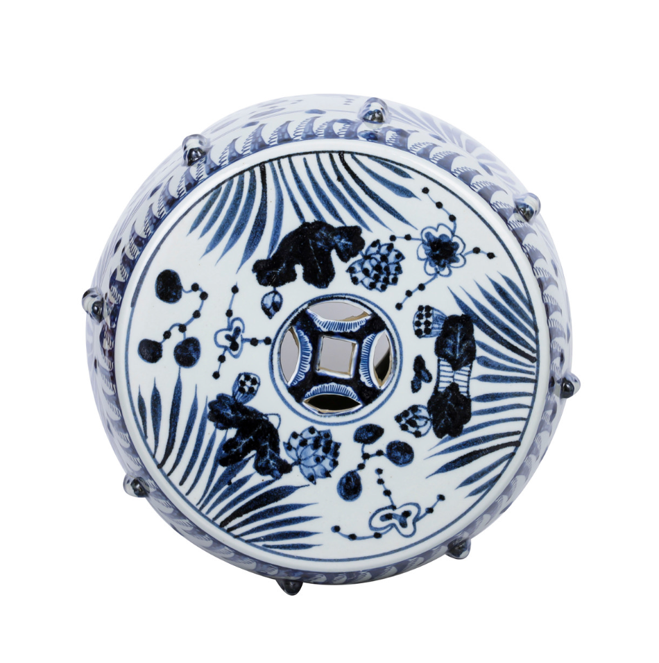 Blue & White Fish Motif Garden Stool