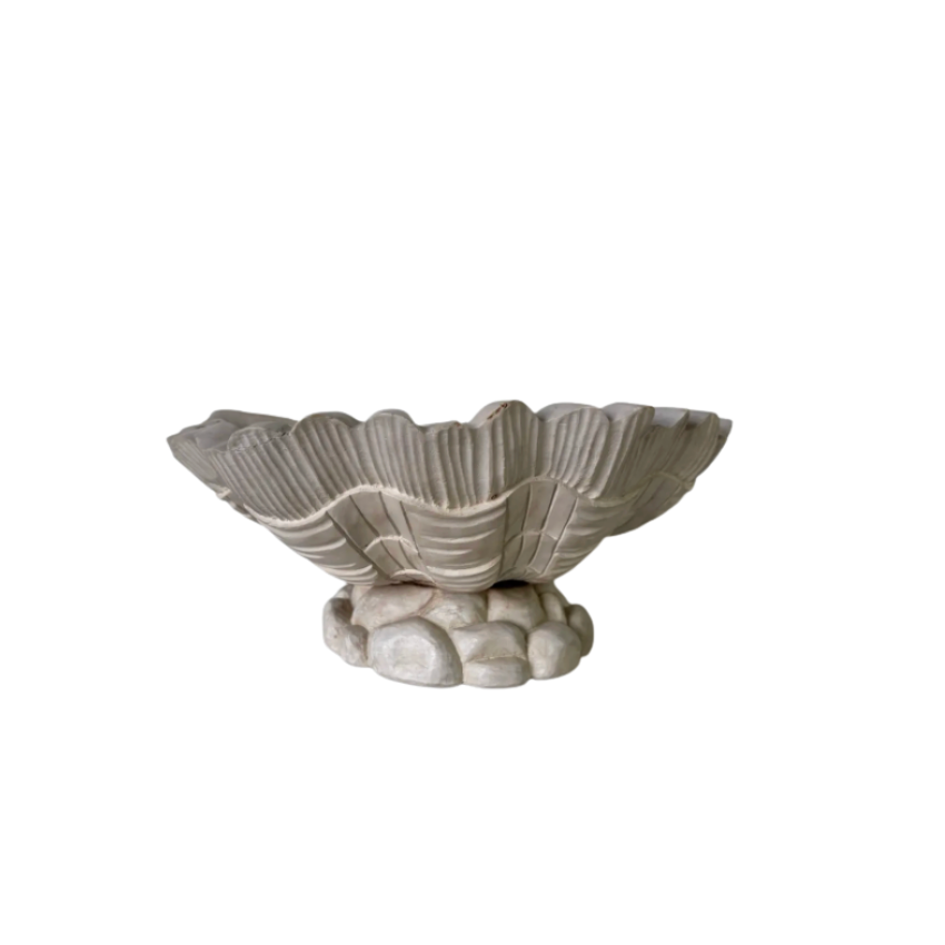 Vintage Hand-Carved Wood Shell-Shaped Pedestal Bowl