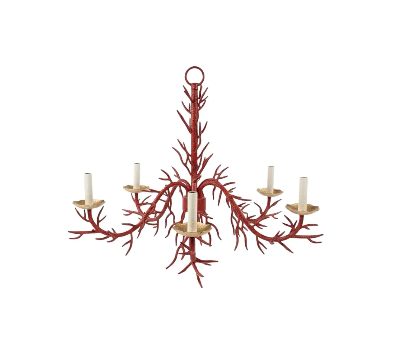 Vintage Late 20th Century Bespoke Turtle and Crane Palm Beach Regency Hand-Glazed Red Faux Coral 5-Light Chandelier