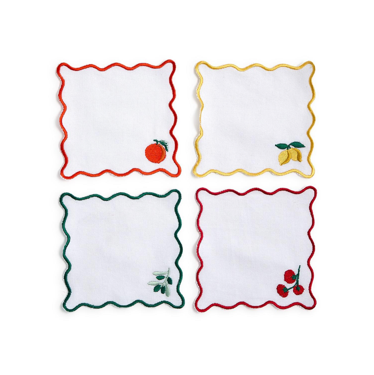 Set of 4, Fruit Cocktail Embroidered Cocktail Napkins with Scallop Edge