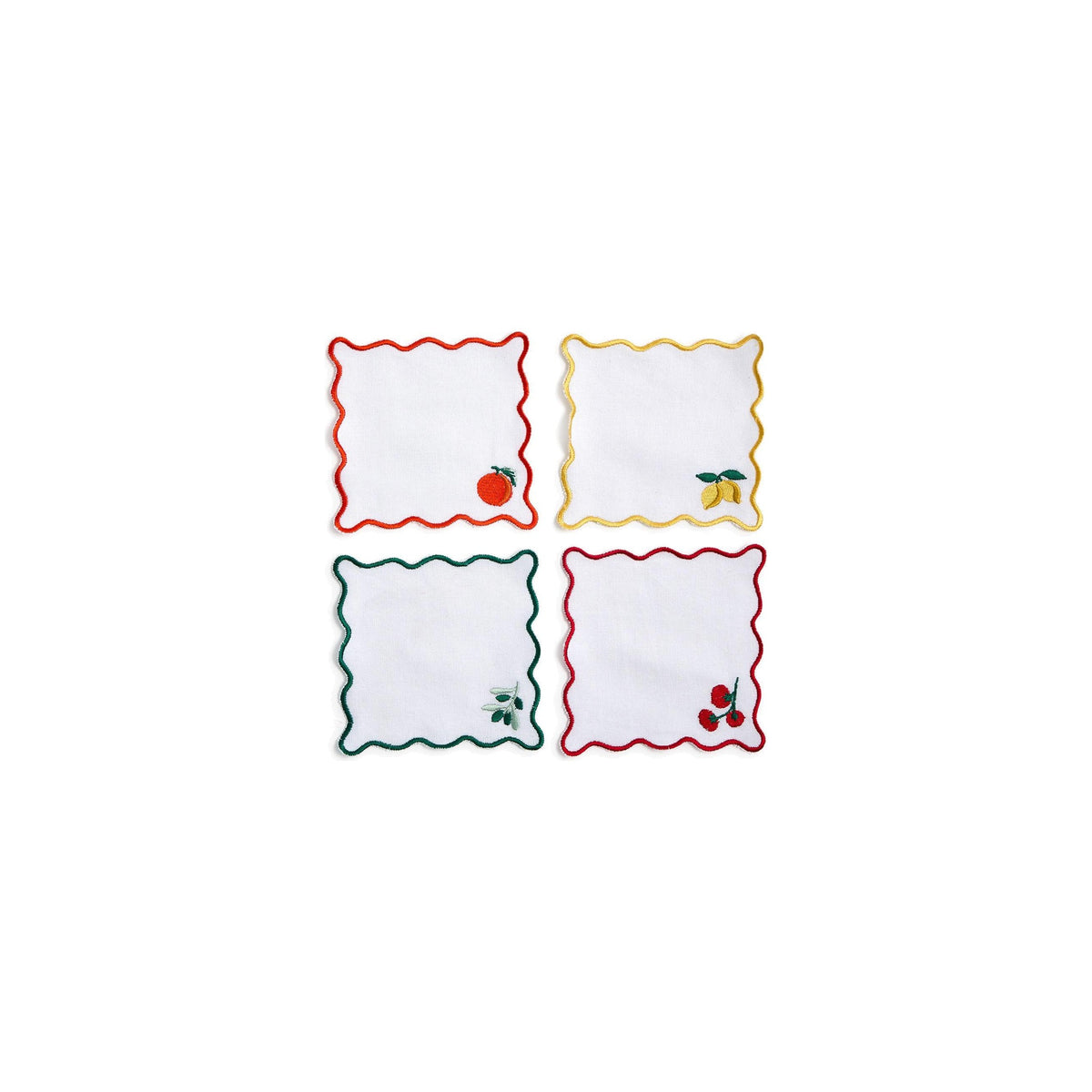 Set of 4, Fruit Cocktail Embroidered Cocktail Napkins with Scallop Edge