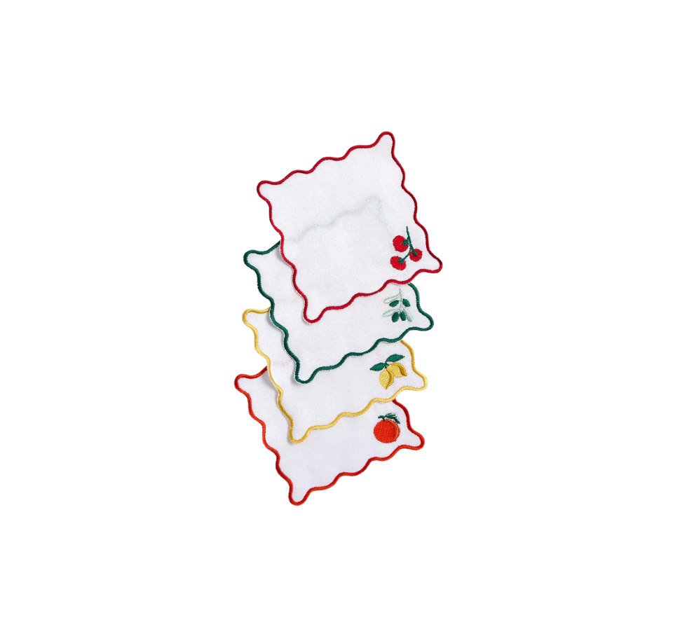 Set of 4, Fruit Cocktail Embroidered Cocktail Napkins with Scallop Edge