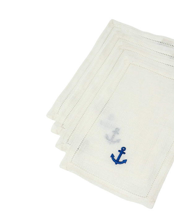 Set of 4, White Cocktail Napkin With Blue Anchor Design