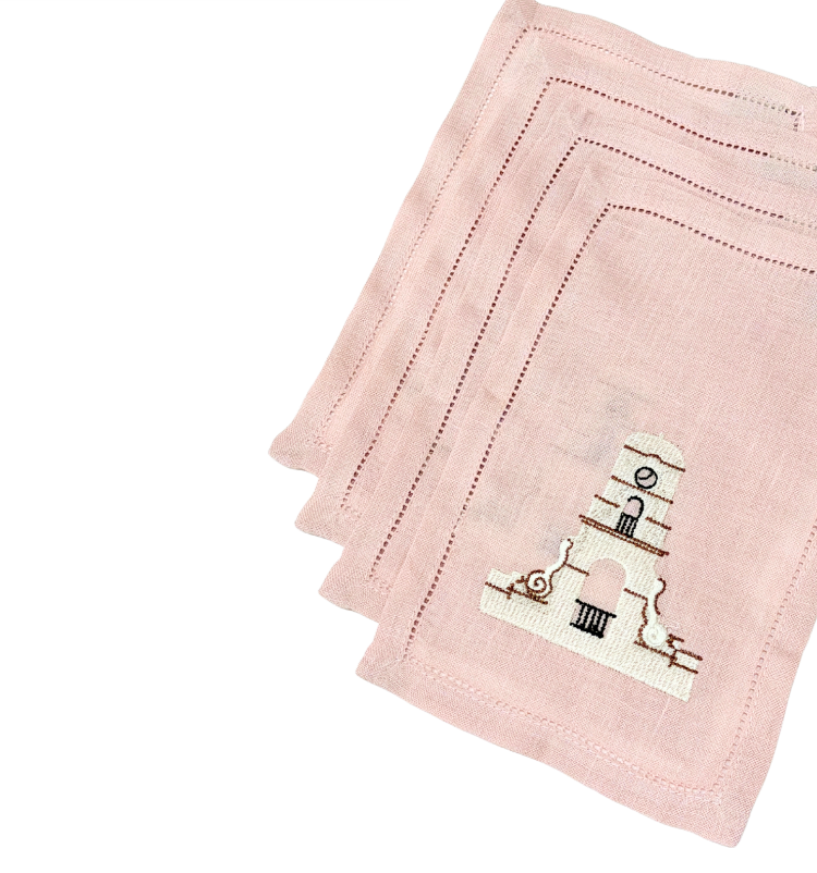 Clock Tower on Pale Pink Linen Cocktail Napkins, Set of 4