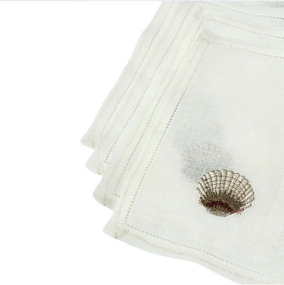 Scallop Shell Embroidered on Cocktail Napkin, Set of 4