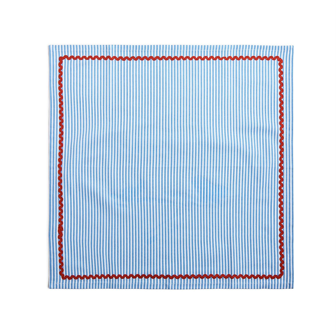 Set of 4, Blue Stripe with Red Ric Rac Trim Cloth Dinner Napkins