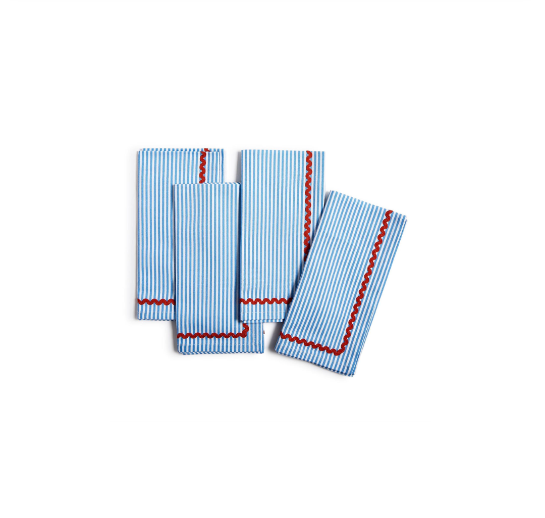 Set of 4, Blue Stripe with Red Ric Rac Trim Cloth Dinner Napkins