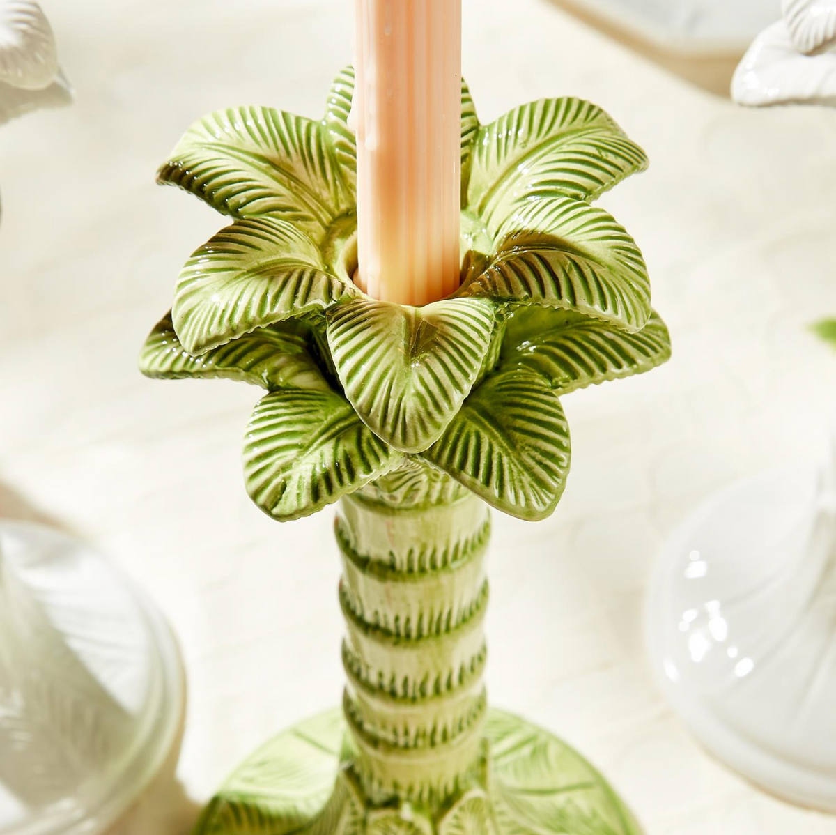 Ceramic Green Palm Leaf Taper Candlestick Candleholder