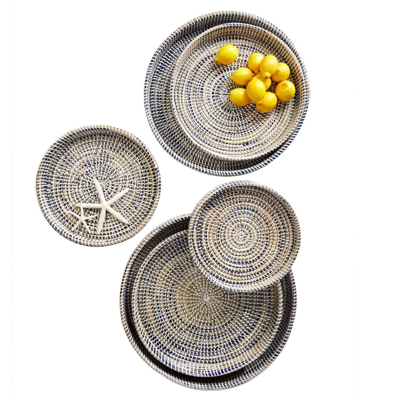 Nested Woven Tray in Blue/Natural