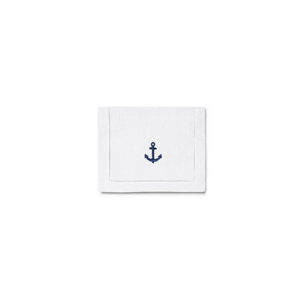 Set of 4, White Cocktail Napkin With Blue Anchor Design