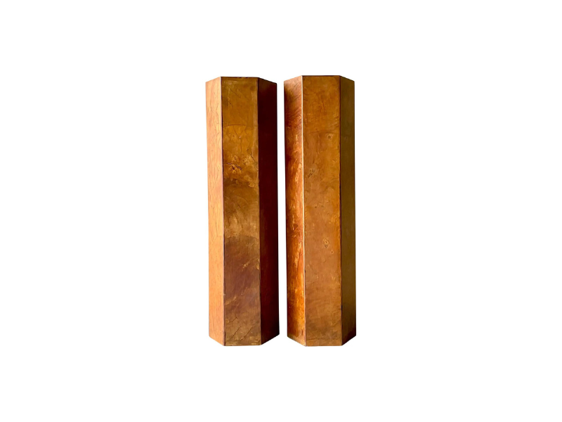 Vintage Tall Hexagonal Burled Olive Wood Pedestals - a Pair