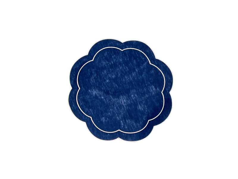 Navy Blue Linen with White Embroidery Round Placemats, Set of 4