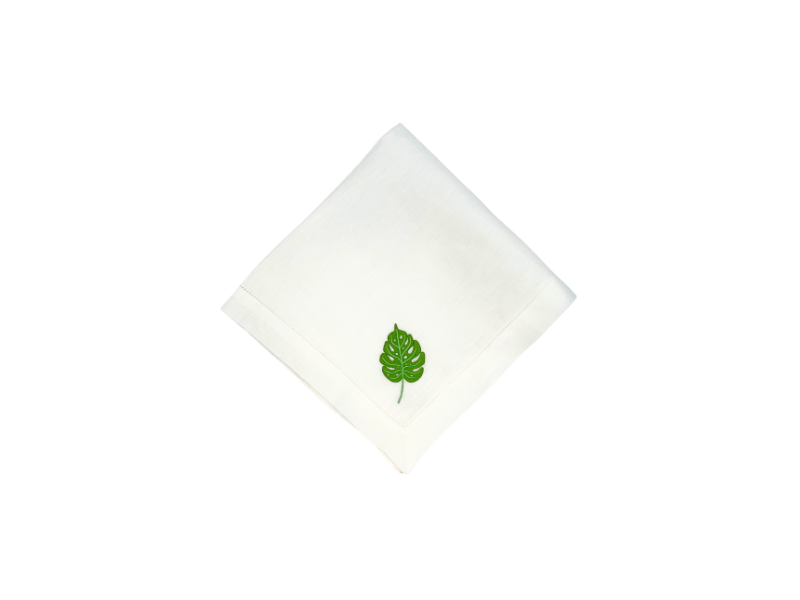 White Linen with Green Monstera Leaf Napkins, Set of 4