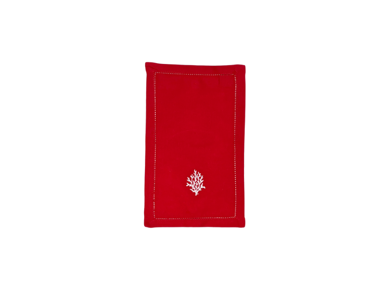 White Coral on Red Linen Cocktail Napkins, Set of 4