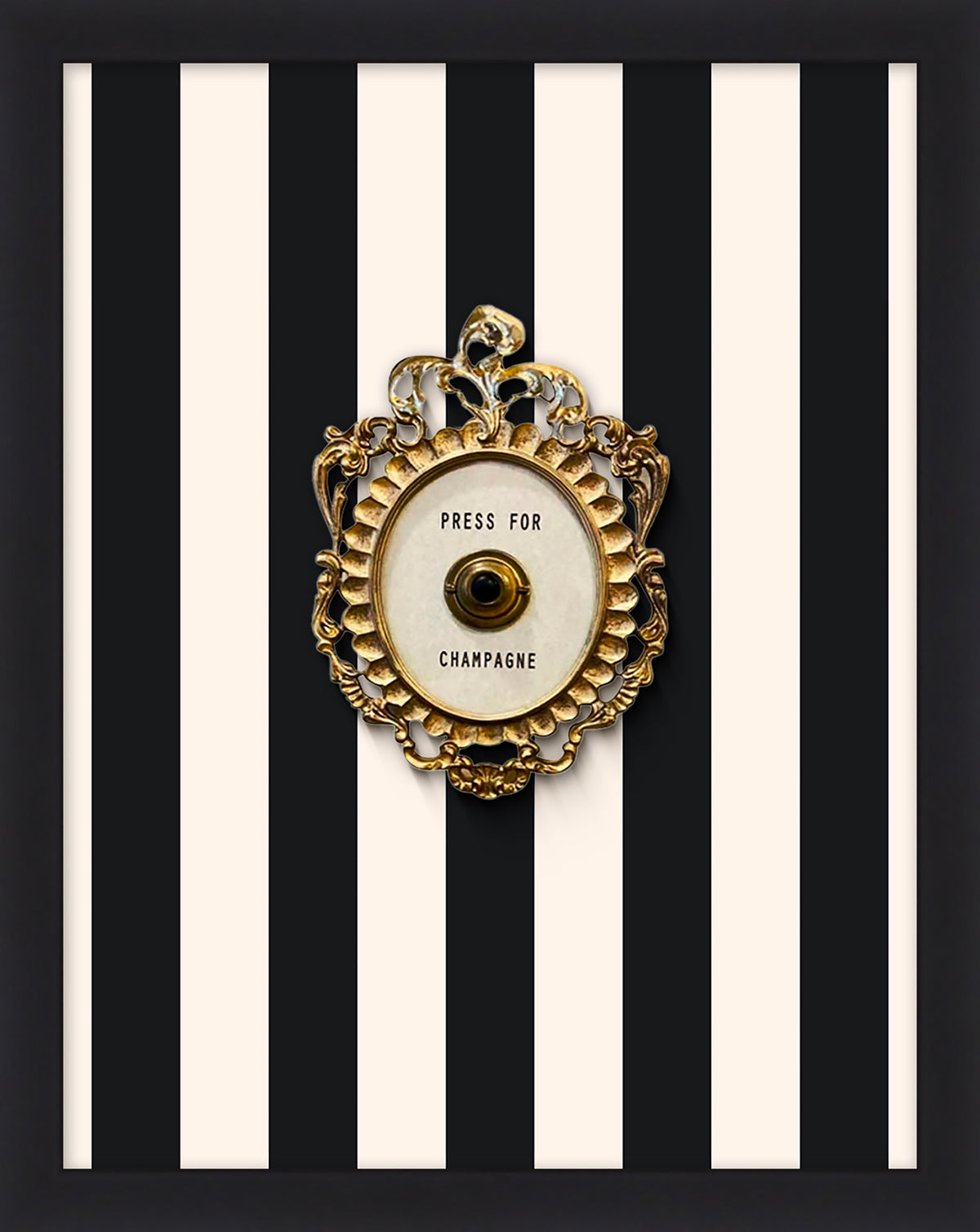 Press for Champagne framed art: gilded ring button on black-and-white stripes in a black shadowbox frame