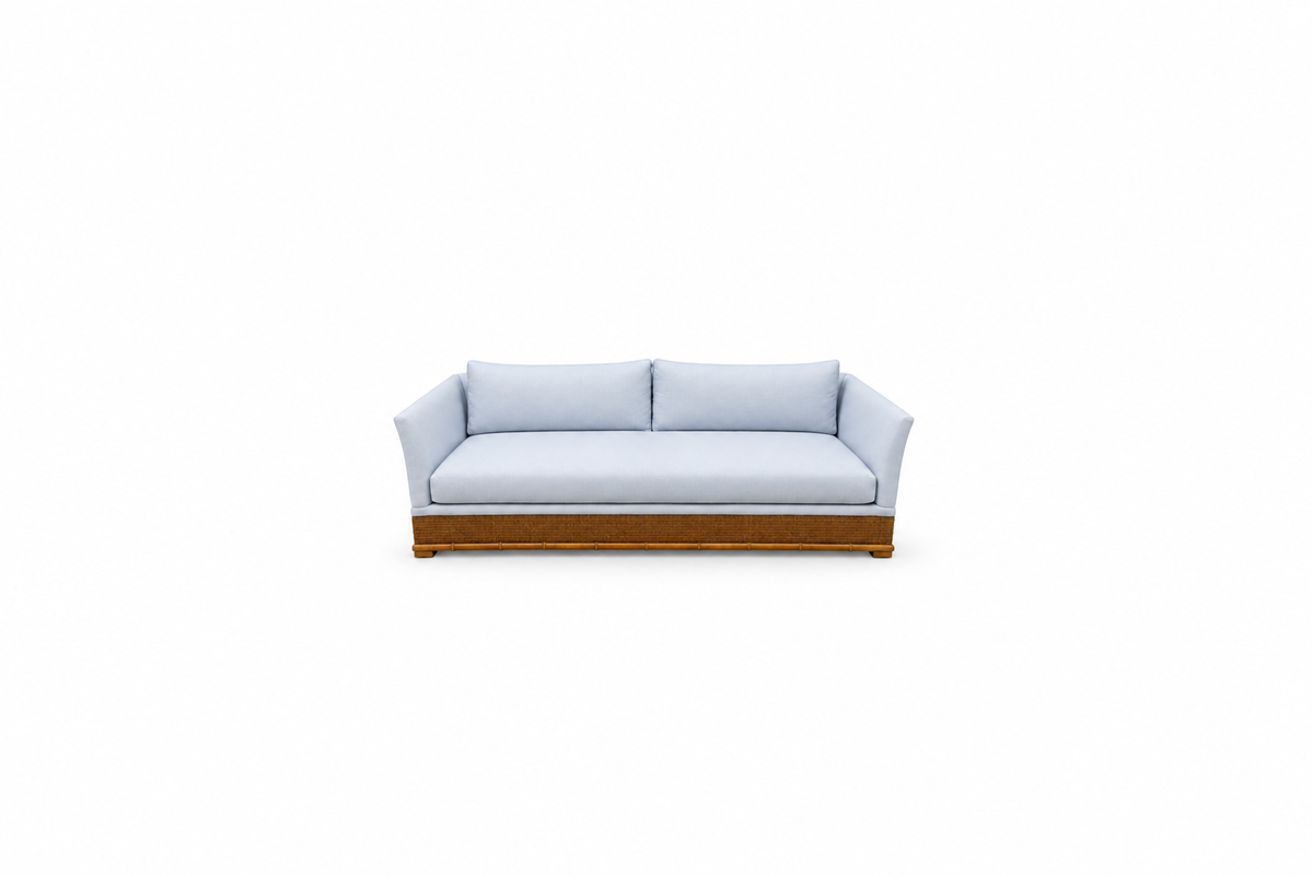 Vintage Wicker Based Sofa and Love Seat Reupholstered in Sunbrella Skyline