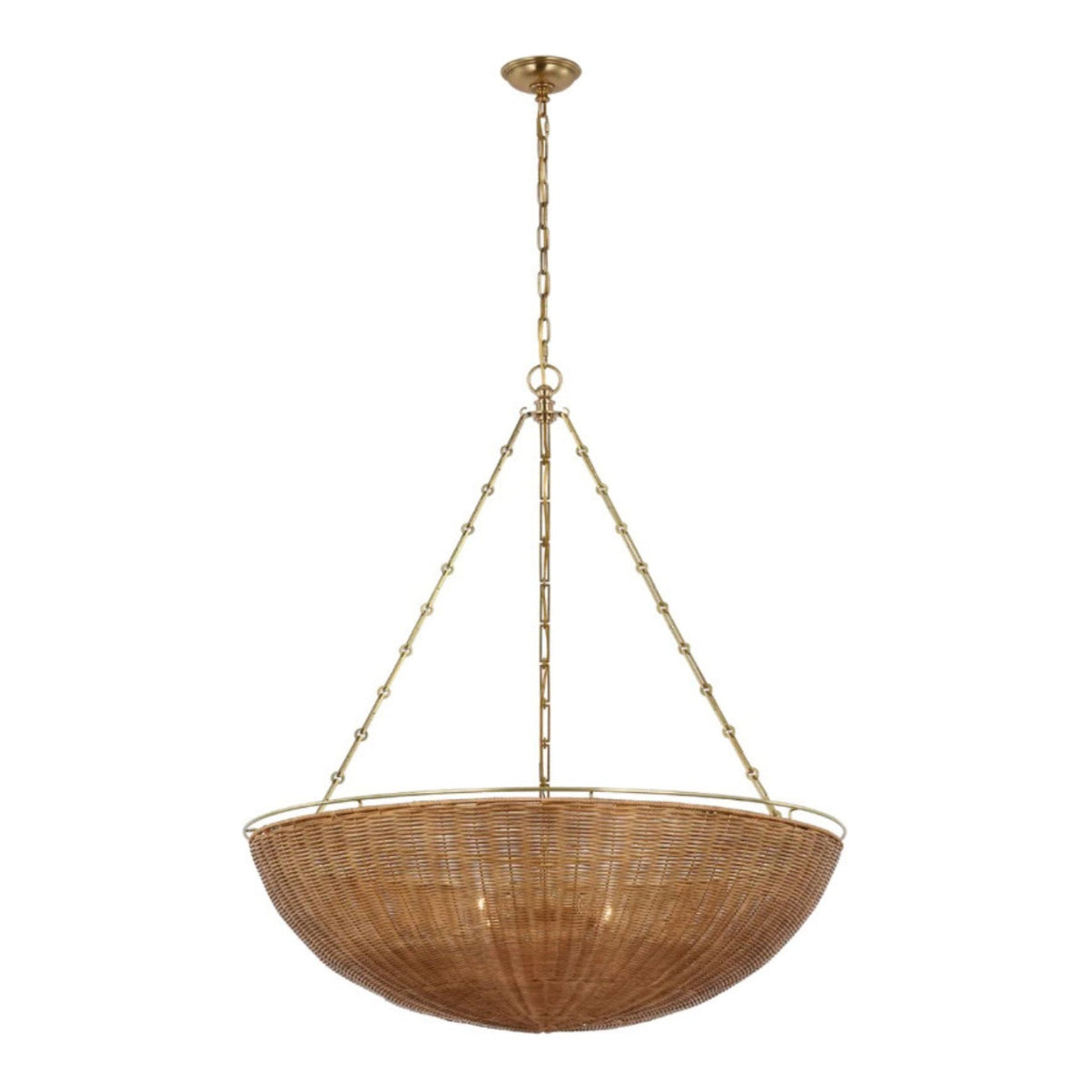 Clovis Wicker & Brass Chandelier, shown on a white background