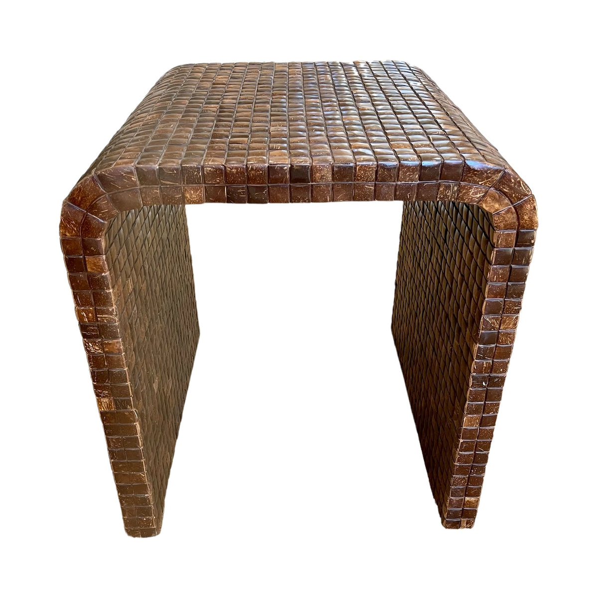 Vintage Tesselated Coconut Husk Side Table on a white background