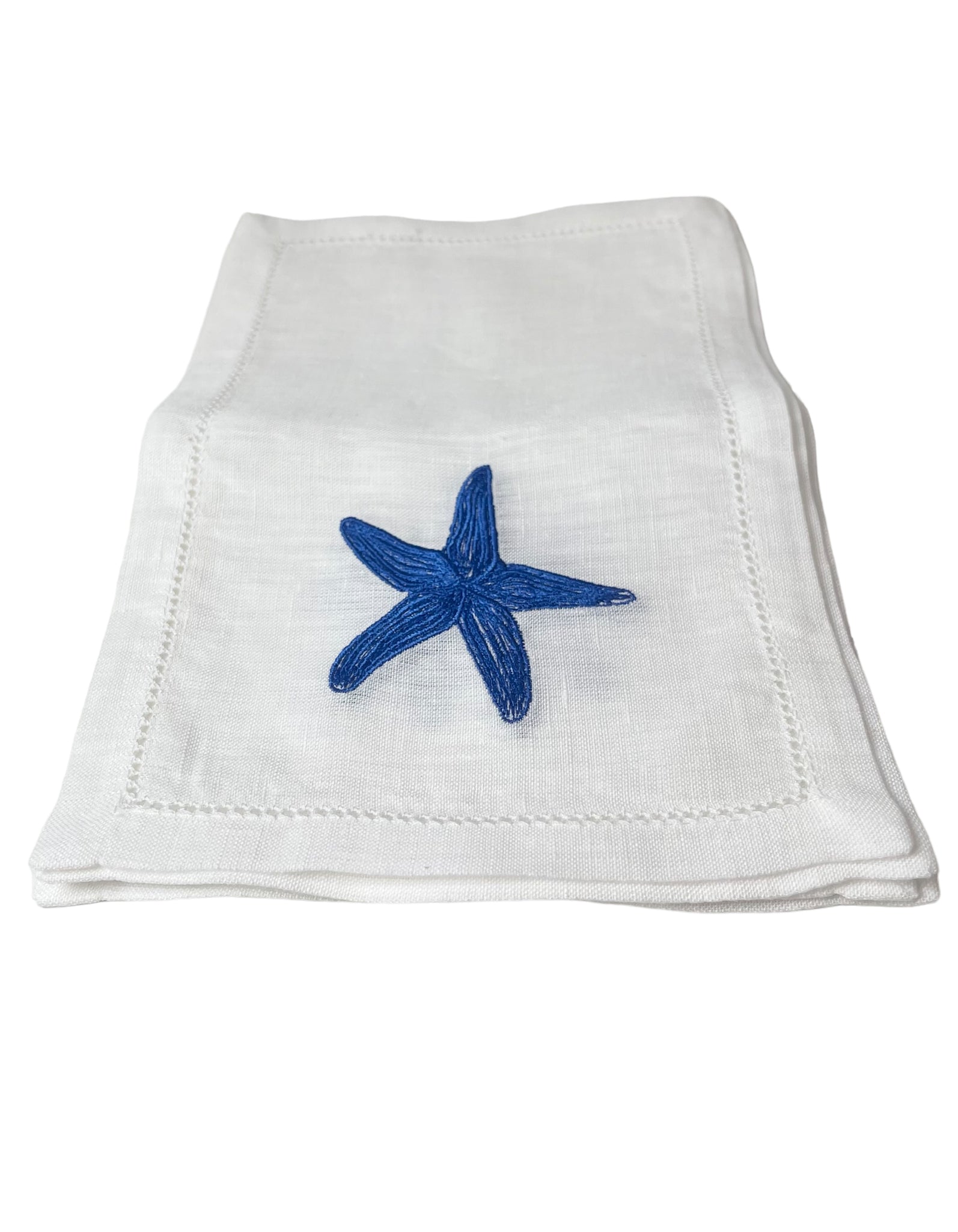 Blue Starfish on White Linen Cocktail Napkins, Set of 4