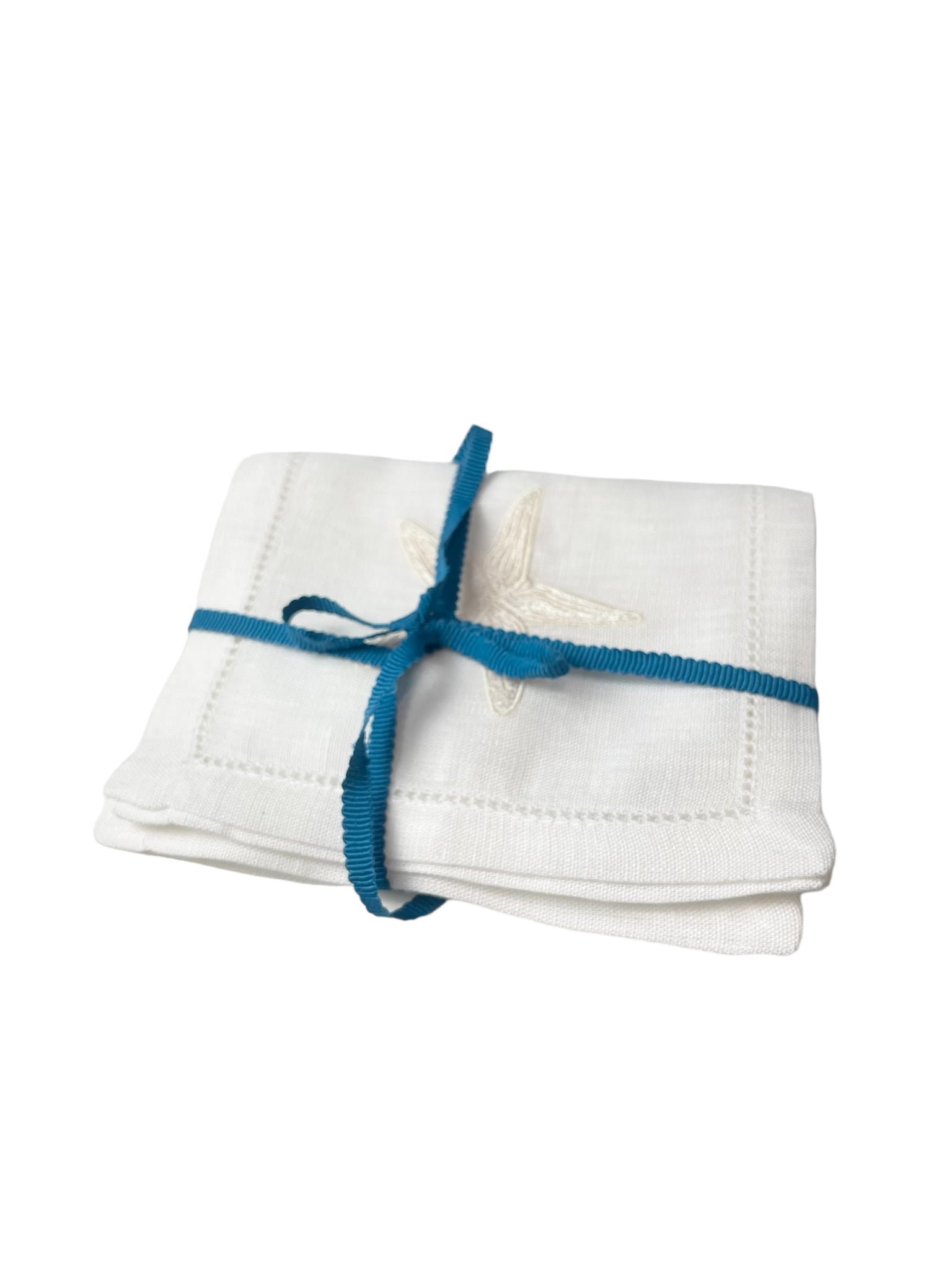 Ivory Starfish on White Linen Cocktail Napkins, Set of 4