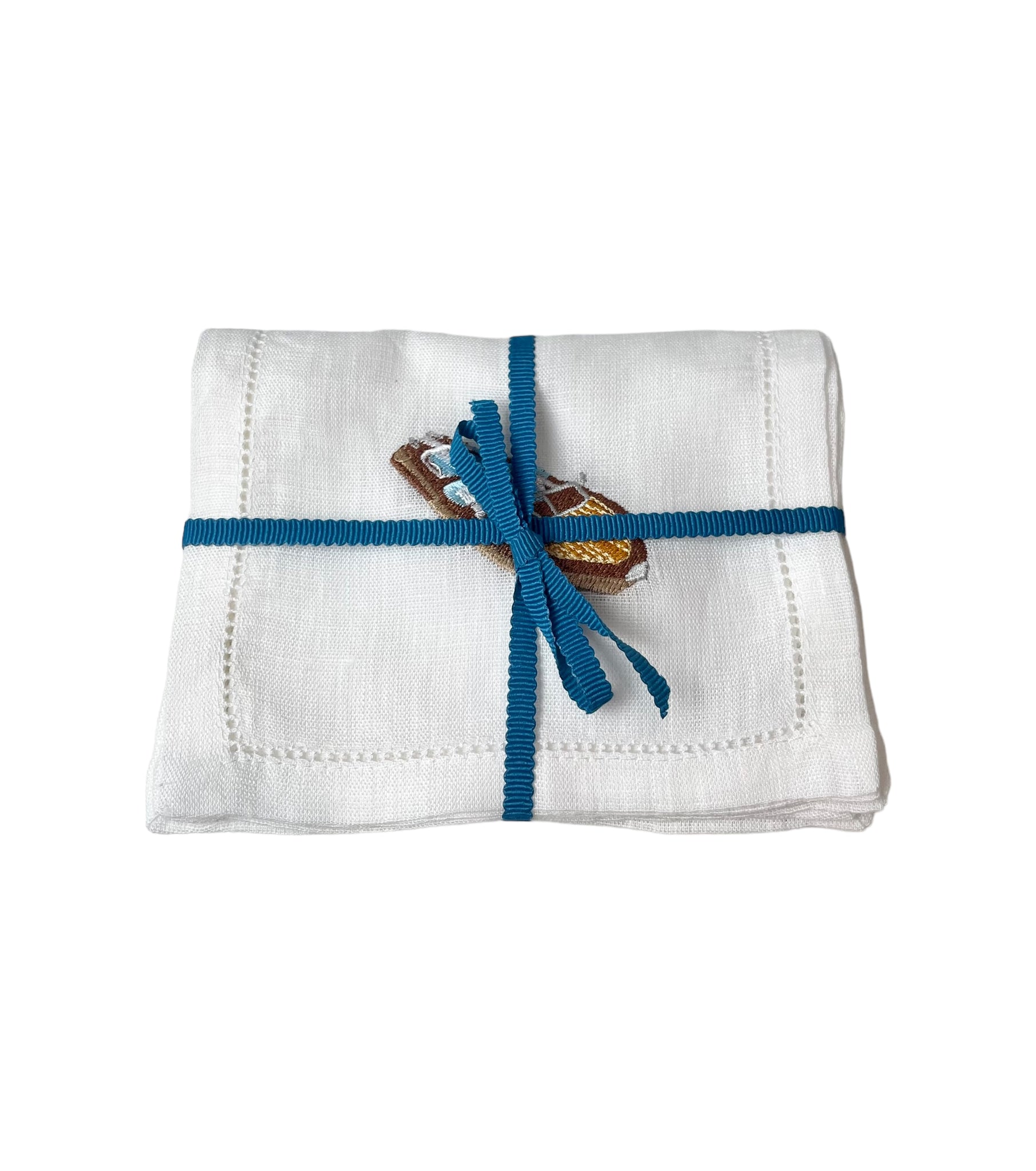 Riva Boat on White Linen Cocktail Napkins, Set of 4