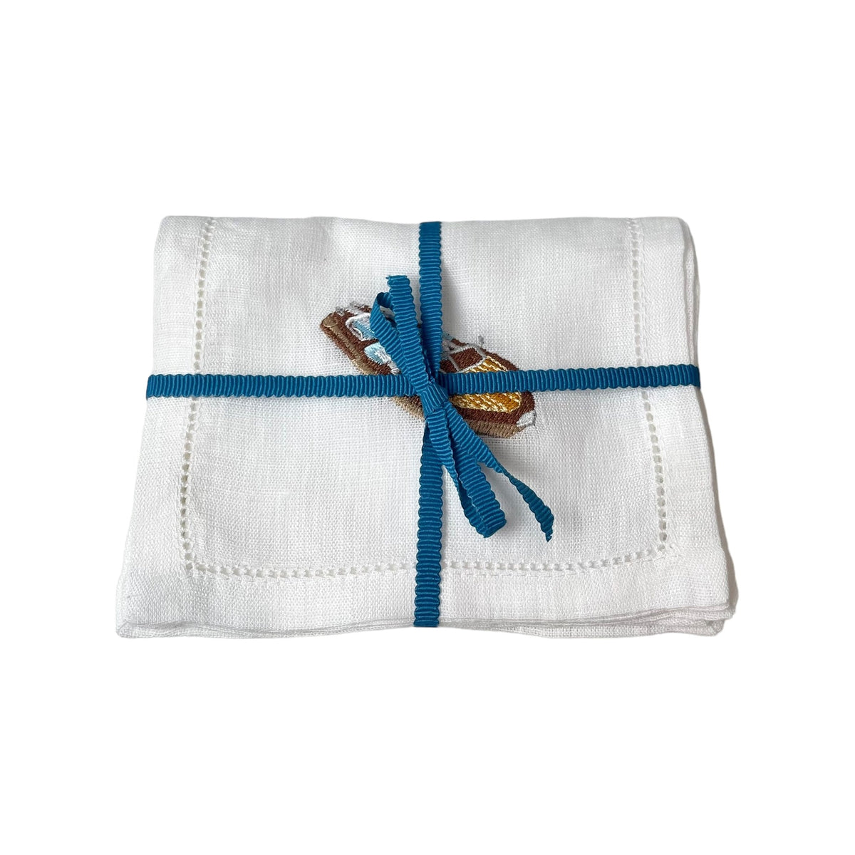 Riva Boat on White Linen Cocktail Napkins, Set of 4