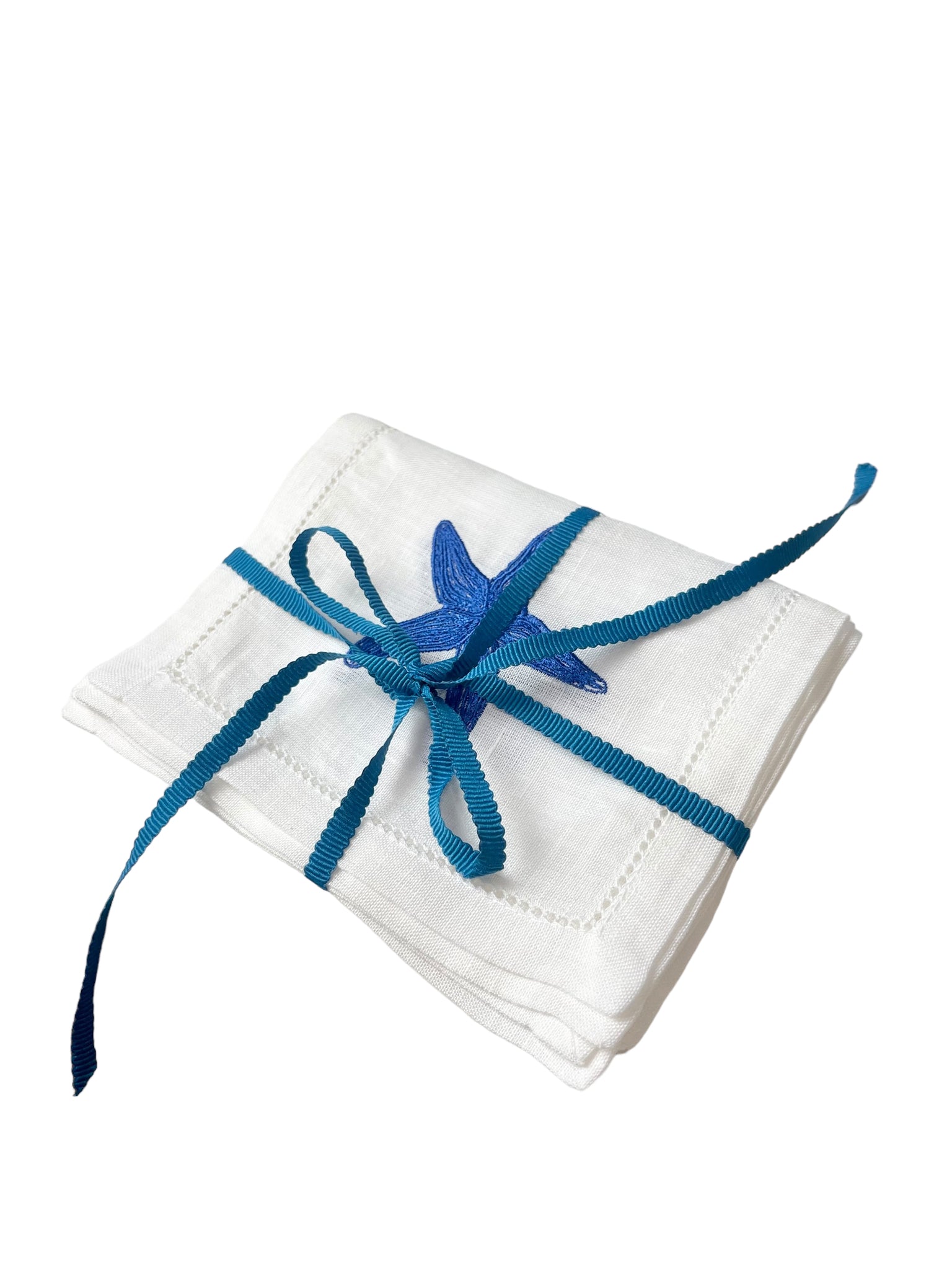 Blue Starfish on White Linen Cocktail Napkins, Set of 4