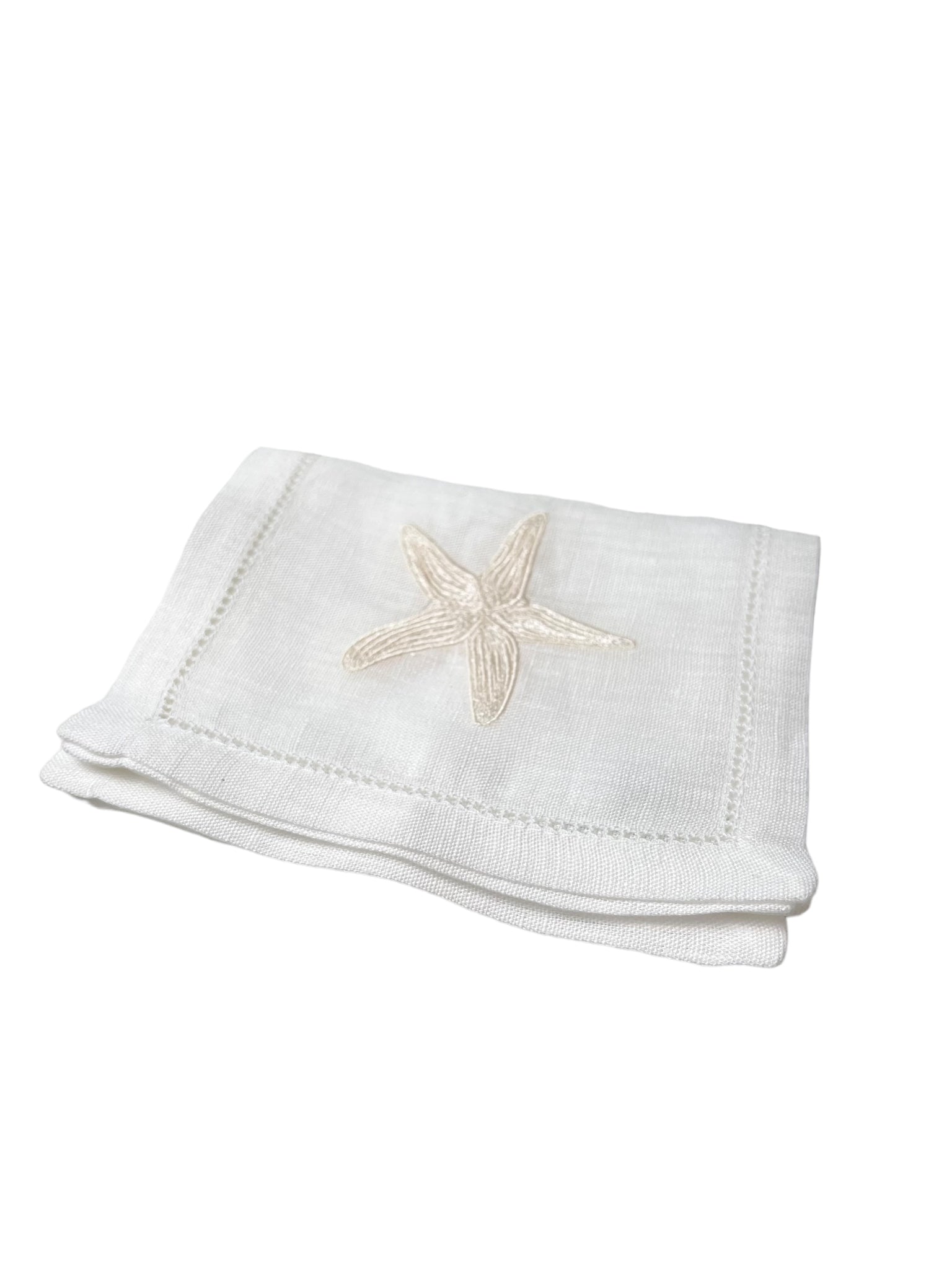 Ivory Starfish on White Linen Cocktail Napkins, Set of 4