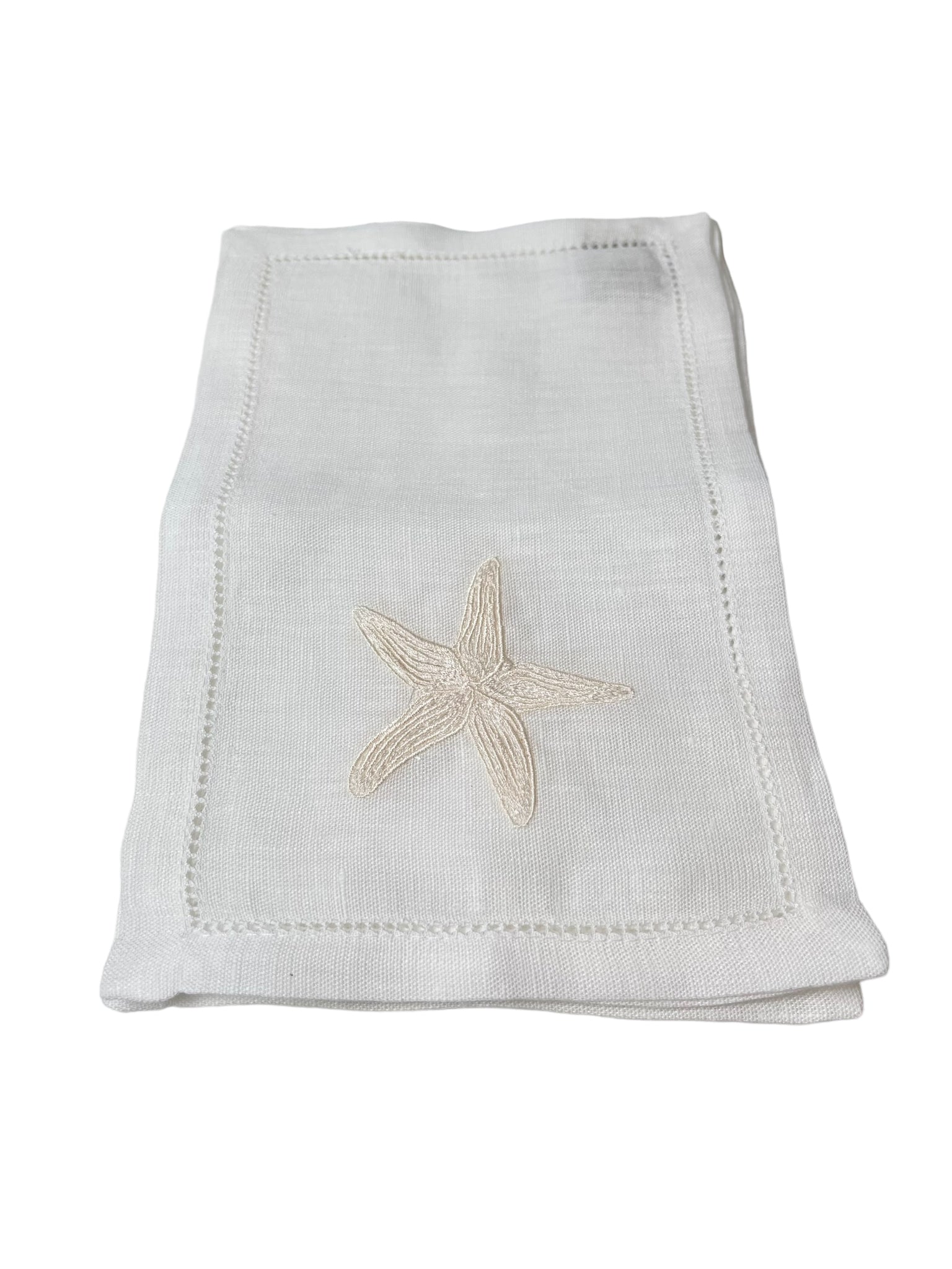 Ivory Starfish on White Linen Cocktail Napkins, Set of 4