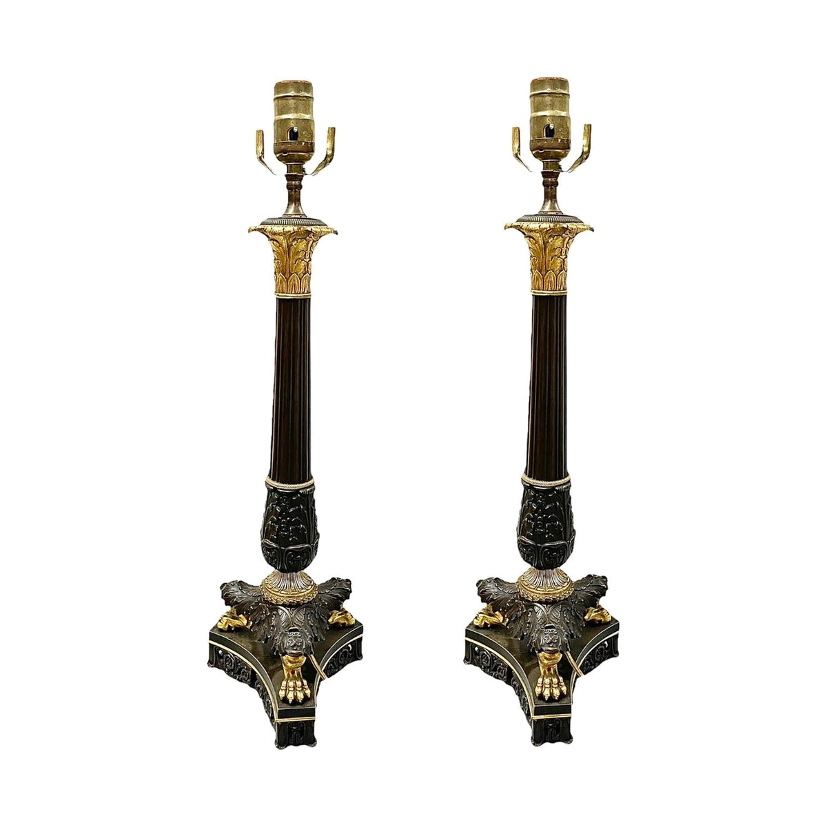 A Pair, Empire Table Lamps in Black lacquer and Gold Leaf on white