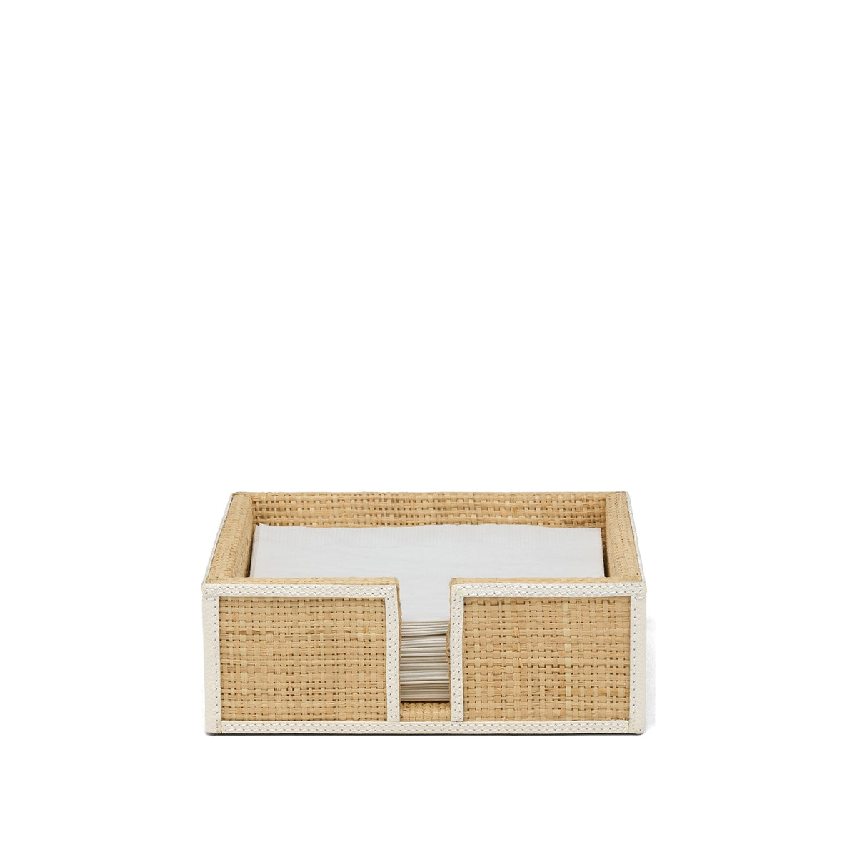 Gable luncheon napkin holder in natural raffia with white trim, napkins in place