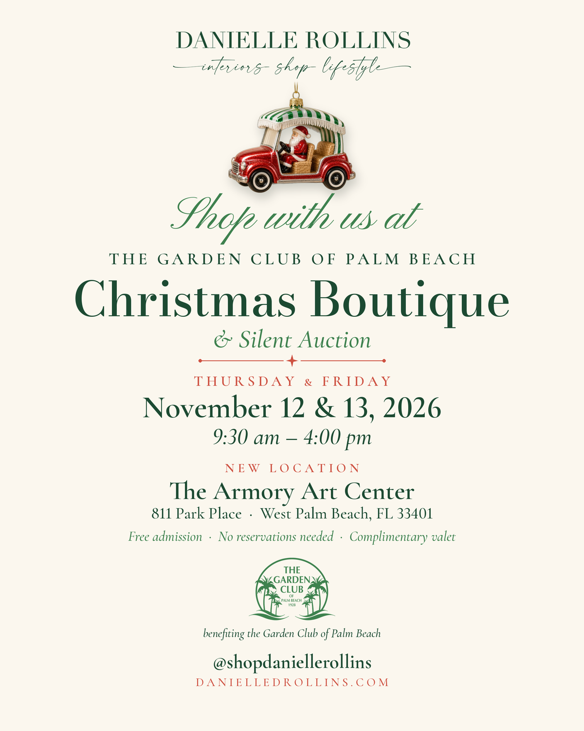 Invitation to shop Danielle Rollins at the Garden Club of Palm Beach Christmas Boutique & Silent Auction, Nov 12-13, 2026, Armory Art Center, West Palm Beach.