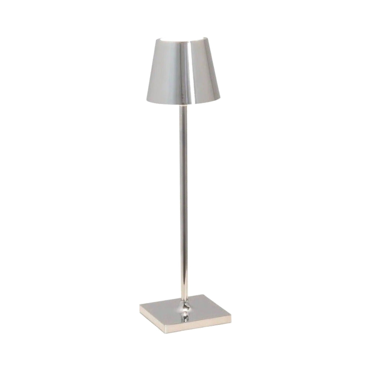 Glossy Chrome Poldina Pro Micro Rechargeable Table Lamp, shown on a white background