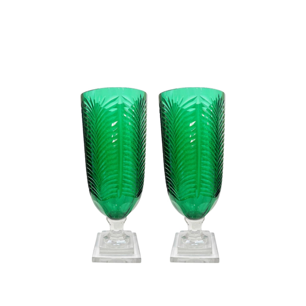 A Pair, Large Etched Palm Green Glass Hurricanes on a white background
