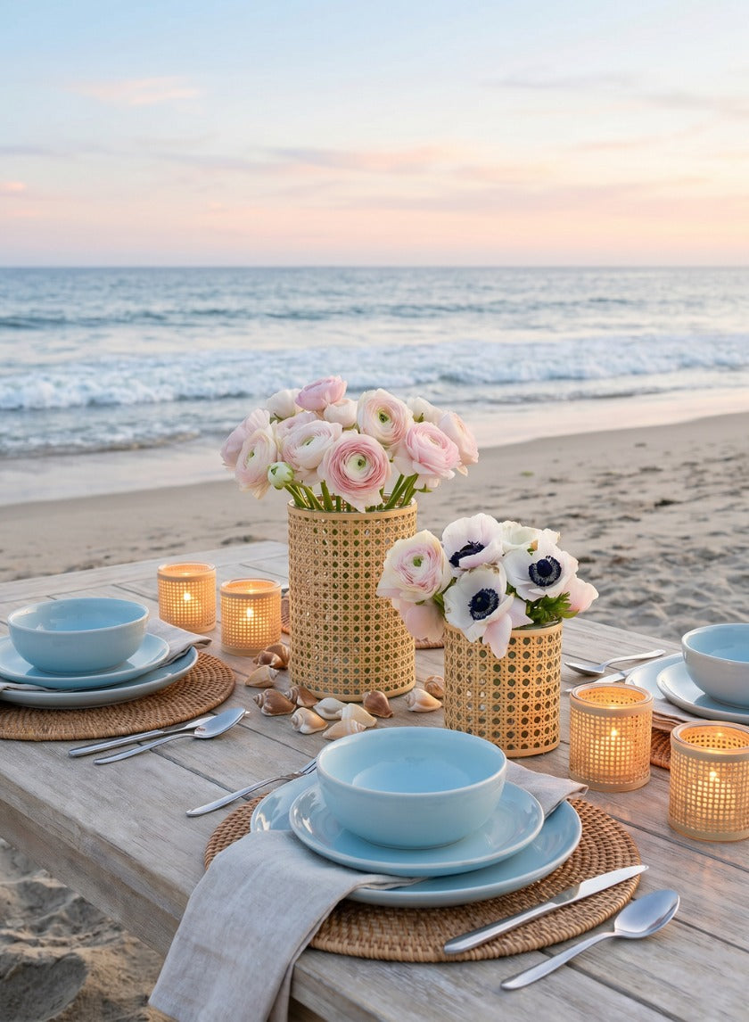 Haiphong Cane Weaved Glass Votives styled on a coastal tablescape