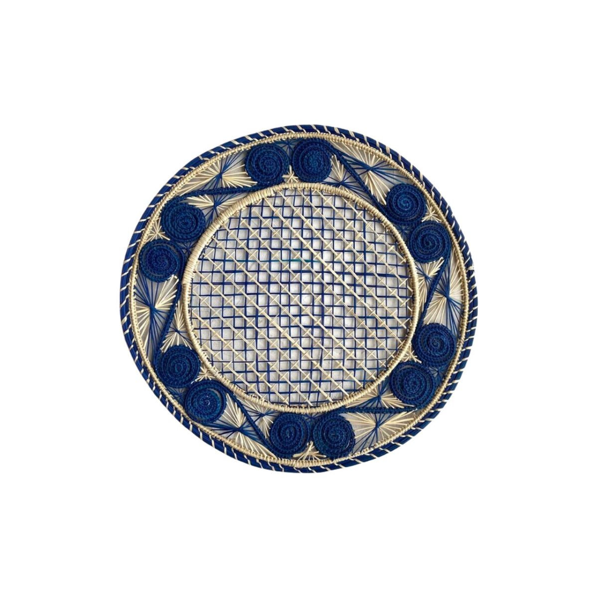Handwoven Blue Caracol Iraca and Straw Placemat, shown on a white background