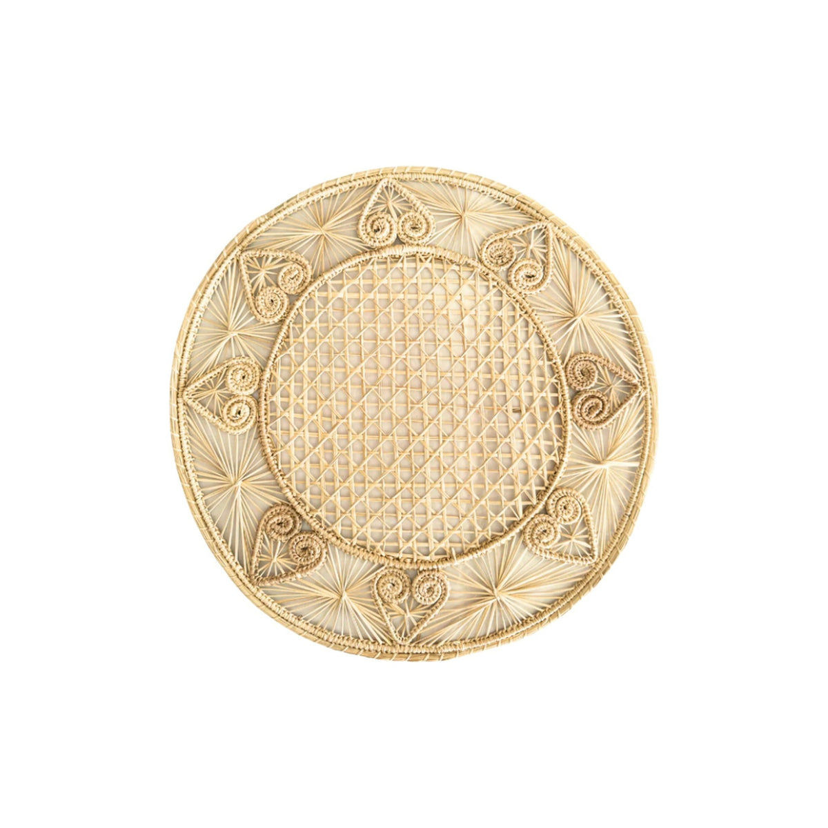Handwoven Heart Caracol Iraca and Straw Placemat, shown on a white background