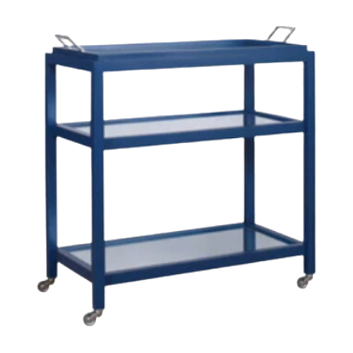 Navy Bar Cart With Mirrored Top Tier on a white background