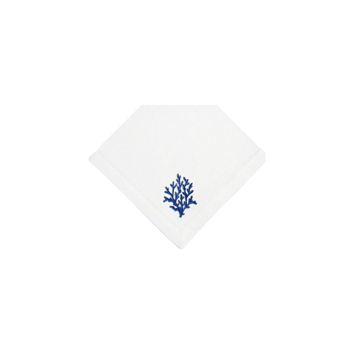 Navy Blue Coral Branch on White Linen Dinner Napkins, Set of 4, shown on a white background