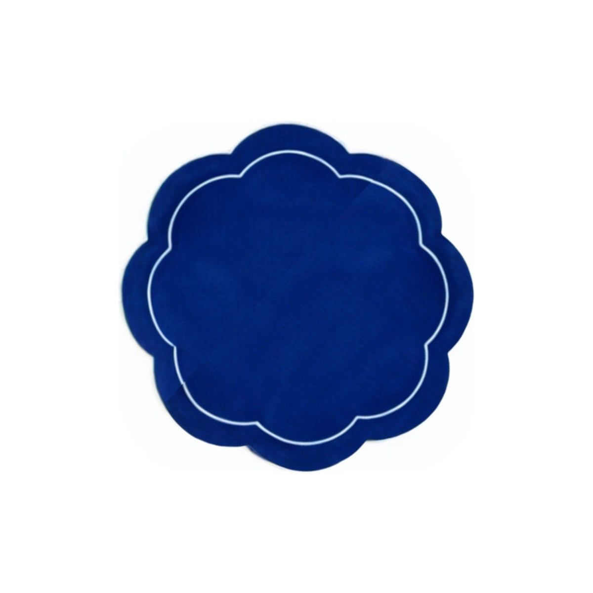 Navy Blue Linen with White Embroidery Round Placemats, Set of 4, shown on a white background