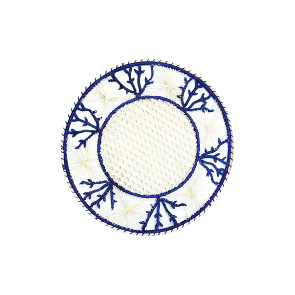 Handwoven Navy Coral Iraca Placemat, shown on a white background