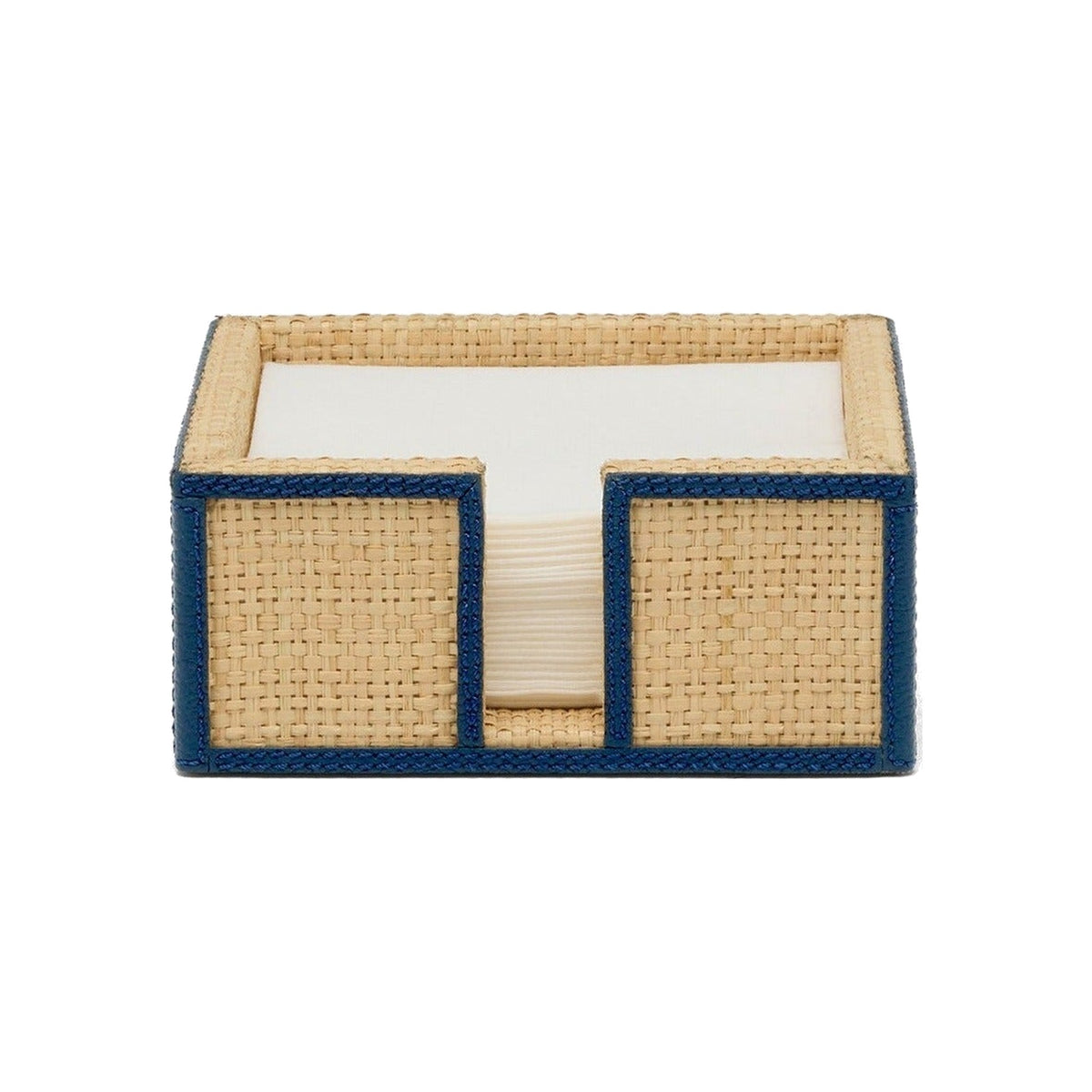 Gable cocktail napkin holder in natural raffia with navy trim, napkins in place
