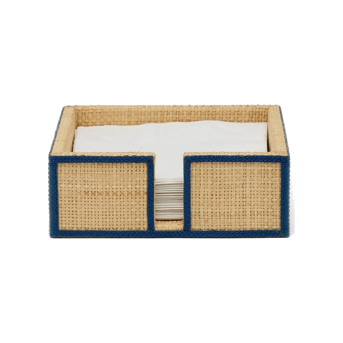 Gable luncheon napkin holder in natural raffia with navy trim, napkins in place