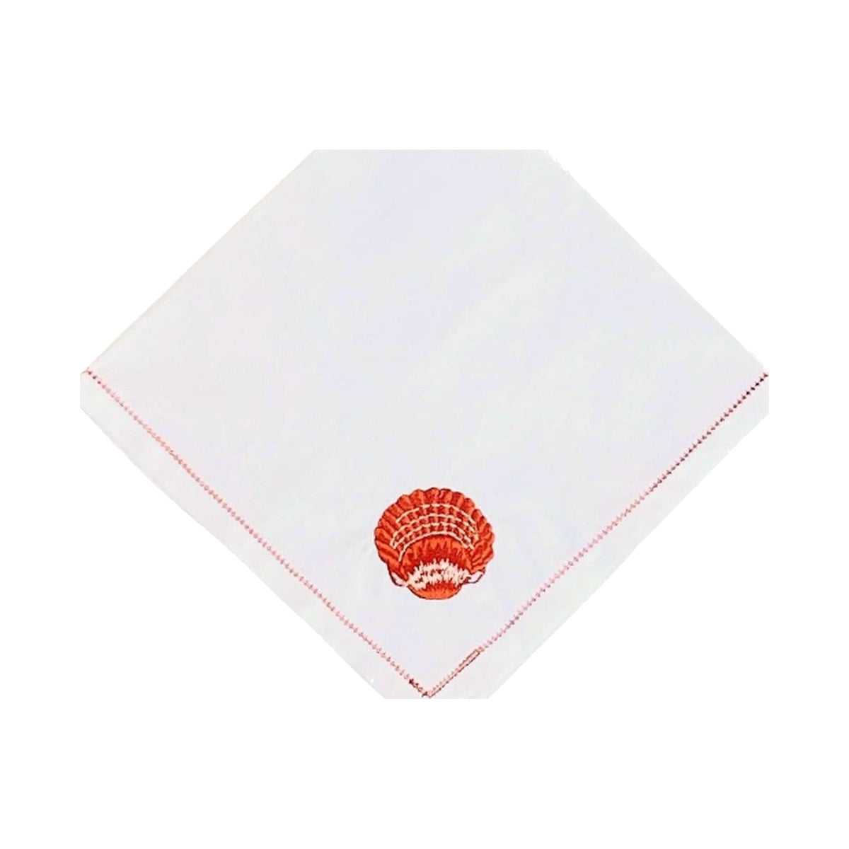 Hand Embroidered Coral Scallop Shell and Hemstitch Trim Dinner Napkins, Set of 4, shown on a white background