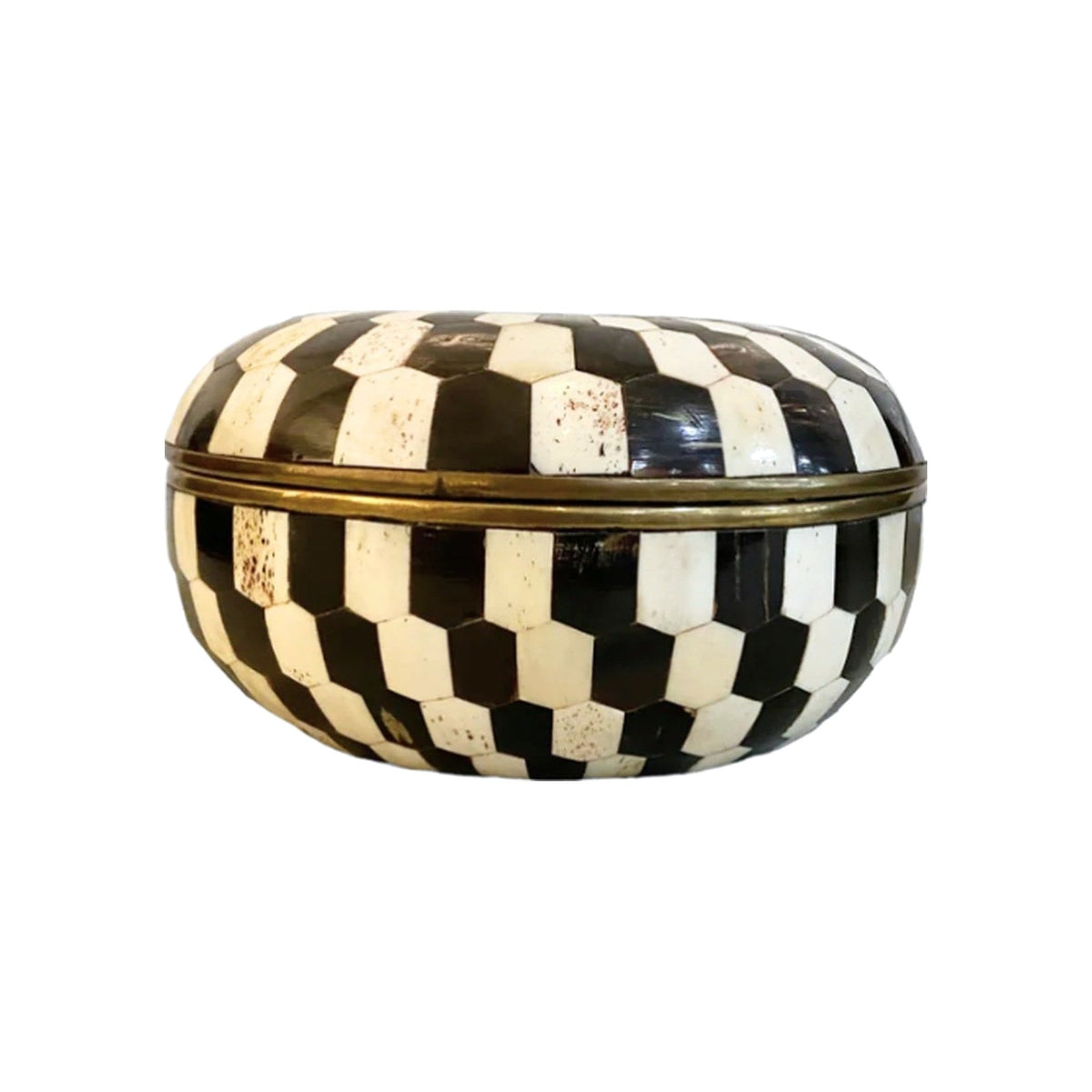 Vintage Round Decorative Round Bowl and Lid with Checkerboard Inlay on a white background