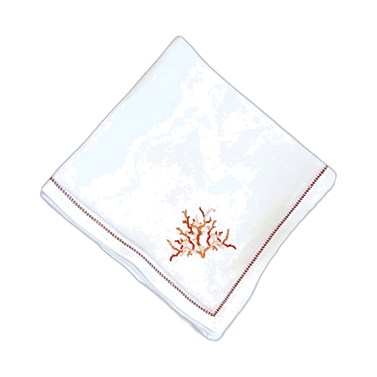 Hand Embroidered Coral Branch Coral Embroidered with Coral Hemstitch Trim Napkin, Set of 4, shown on a white background