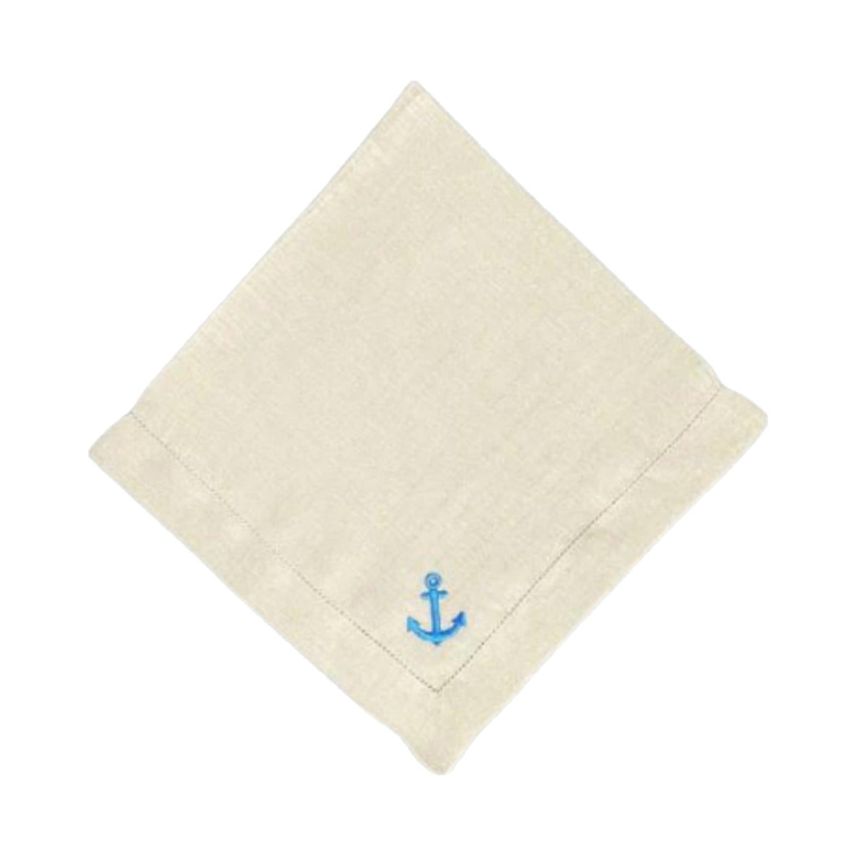 Beige Linen Napkins with Royal Blue Embroidered Anchor, Set of 4, shown on a white background
