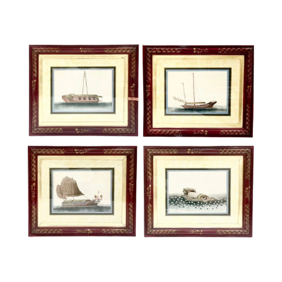 Chinese Pith Paintings In Hand Painted Frames, Set of Four, framed vintage art