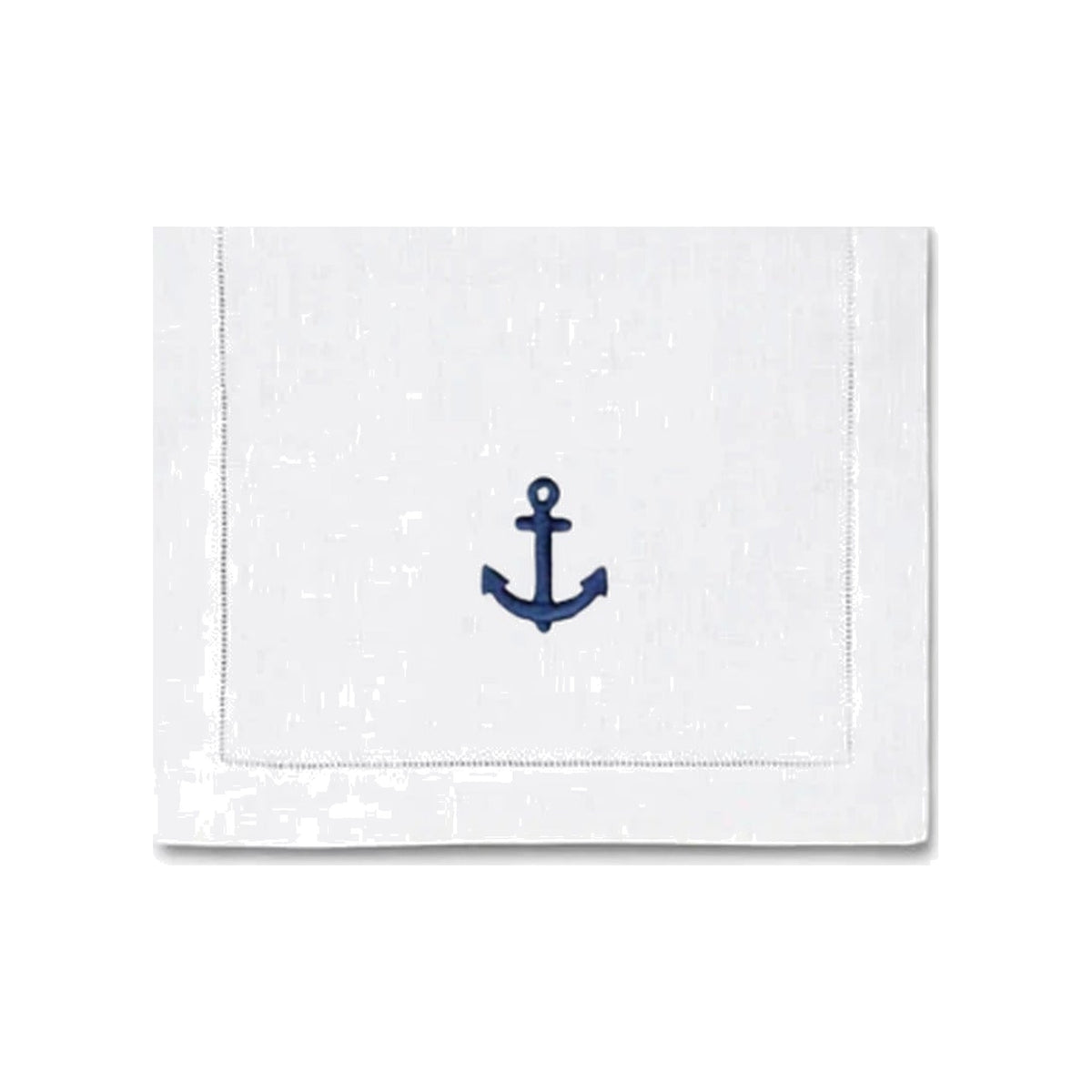 Set of 4, White Cocktail Napkin With Blue Anchor Design, shown on a white background